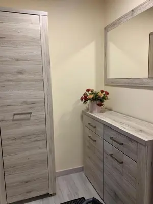 a bathroom with a wooden cabinet and a mirror at Lampėdis in Kaunas