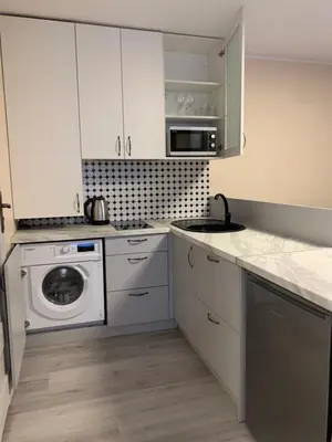 a kitchen with white cabinets and a washer and dryer at Lampėdis in Kaunas