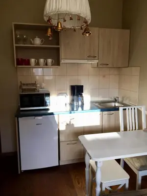 a kitchen with a white refrigerator and a white table at Gedimino House in Vilnius