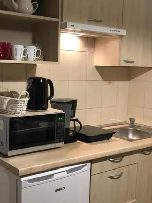 a kitchen counter with a microwave and a sink at Gedimino House in Vilnius