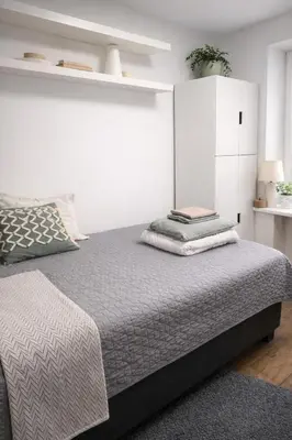 a bedroom with a king sized bed and a white wall at Downtown Boulevard View Residence in Šiauliai
