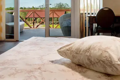 a bedroom with a bed with a view of a deck at Sodyba ant ežero kranto pas Radvilą in Kiemeliai