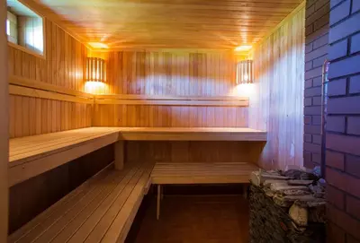 a wooden sauna with wooden benches and lights at Sodyba Ignė in Druskininkai