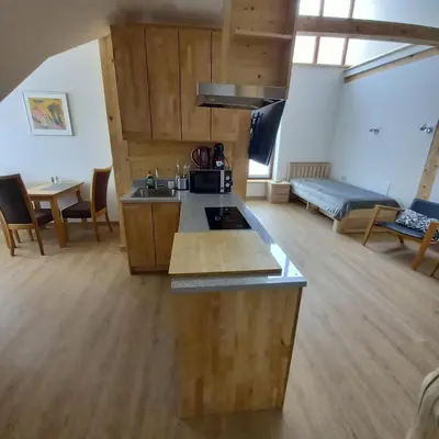 a kitchen and living room with a couch and a table at S Neries 19 apartamentai su parkingu in Šiauliai