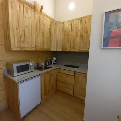 a kitchen with wooden cabinets and a microwave at S Neries 19 apartamentai su parkingu in Šiauliai