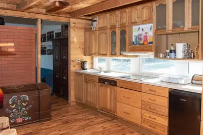 a kitchen with wooden cabinets and a counter top at Daugirdėnų sodyba in Didžiuliai