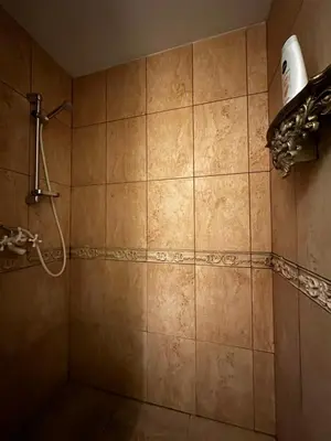 a bathroom with a shower with a blow dryer on the wall at Cosy apartment in Kaunas