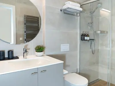 a bathroom with a sink and a shower at Butique Apartamentai Birštone - Holistic Skin & Wellness SPA Apartments - Inovatyvios dermatologijos centras in Birštonas