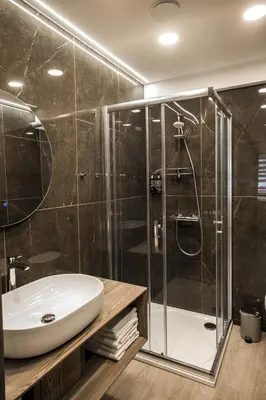 a bathroom with a sink and a glass shower at Senamiesčio apartamentai in Anykščiai