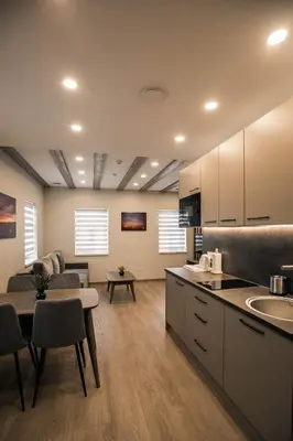 a kitchen and living room with a couch and a table at Senamiesčio apartamentai in Anykščiai
