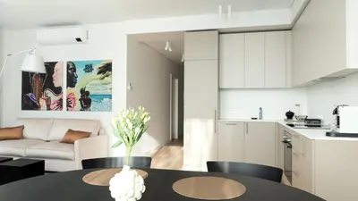 a kitchen and a living room with a table and chairs at Butique Apartamentai Birštone - Holistic Skin & Wellness SPA Apartments - Inovatyvios dermatologijos centras in Birštonas