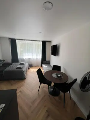 a living room with a bed and a table and chairs at Hygge Apartments in Druskininkai