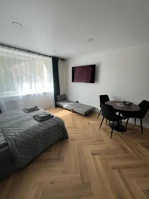 a bedroom with a bed and a table and chairs at Hygge Apartments in Druskininkai
