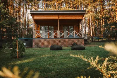 a log cabin in the middle of a yard at Miško kraštas in Vileikiai