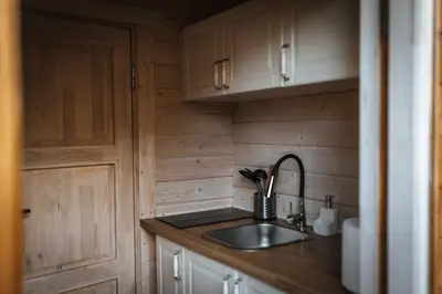 a kitchen with a sink and wooden cabinets at Miško kraštas in Vileikiai