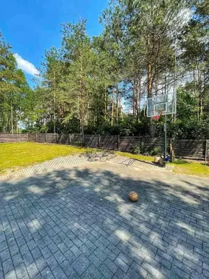 a tennis ball sitting on a brick driveway at Miško kraštas in Vileikiai
