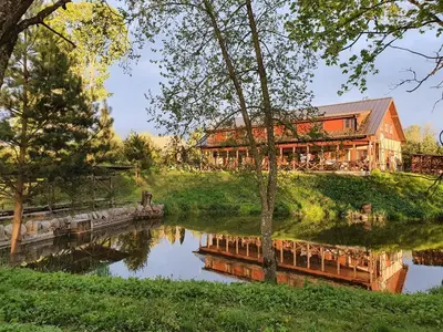 a house sitting on top of a hill next to a river at Vila Dubysa in Milašaičiai