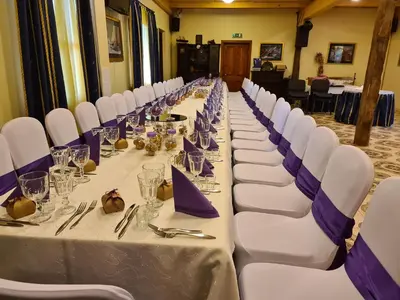a long table with white chairs and purple napkins at Vila Dubysa in Milašaičiai