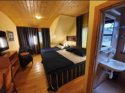a bedroom with a large bed and a sink at Vila Dubysa in Milašaičiai