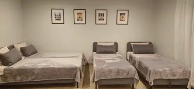 three beds in a room with pictures on the wall at Sodyba Azagis in Vilkanastrai