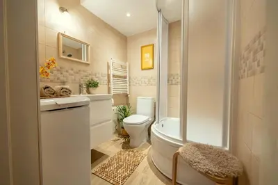a bathroom with a shower and a toilet and a sink at Cozy Suite Roomita in Vilnius