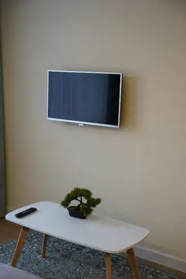 a white coffee table with a bonsai tree on it at Studio Anna in Panevėžys