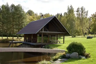 a large wooden cabin with a solar roof next to a pond at Užukalnio sodyba in Užuguostis