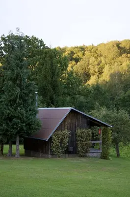 a barn with a solar roof in a field at Užukalnio sodyba in Užuguostis