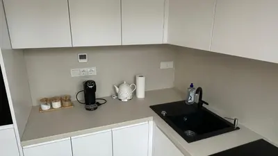 a kitchen with a sink and a counter top at Central Boulevard Apartment 2 in Šiauliai