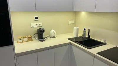 a kitchen with a sink and a counter top at Central Boulevard Apartment 2 in Šiauliai
