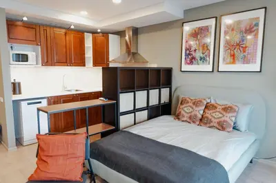 a small bedroom with a bed and a kitchen at New Modern studio apartment next to the city centre in Vilnius