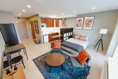 a living room with a bed and a kitchen at New Modern studio apartment next to the city centre in Vilnius