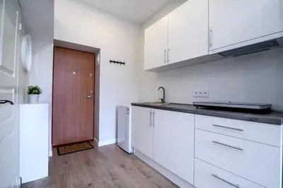 a kitchen with white cabinets and a wooden door at Modern 1BR / Near Gates of Dawn / Special Offer in Vilnius