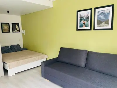 a living room with a couch and a bed at Modern & Cozy Gem - Spacious Central Retreat with private entrance in Vilnius