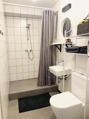 a bathroom with a shower and a toilet and a sink at Modern & Cozy Gem - Spacious Central Retreat with private entrance in Vilnius