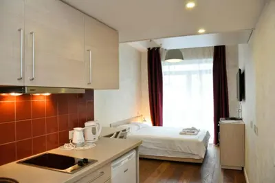 a small kitchen with a bed in a room at Natalex MicroLofts in Vilnius