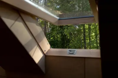 a window in a bathroom with a view of trees at Svedresort in Švedriškė