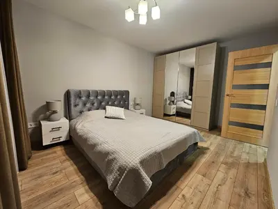 a bedroom with a large bed and a mirror at Pleasant stay 1-bedroom apartment in Šiauliai