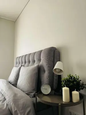 a living room with a couch and a table with a lamp at Milastos apartamentai in Birštonas