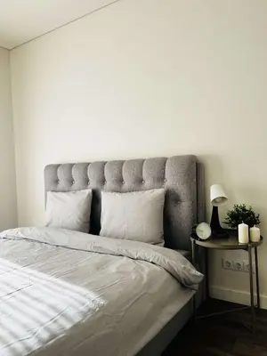 a bedroom with a large bed with a white wall at Milastos apartamentai in Birštonas