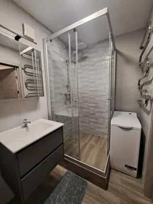 a bathroom with a shower and a sink and a toilet at Jaukūs apartamentai centre A. J. Greimo g. in Šiauliai
