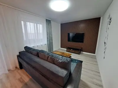 a living room with a couch and a flat screen tv at Jaukūs apartamentai centre A. J. Greimo g. in Šiauliai