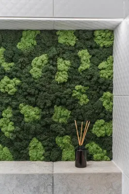 a green wall with bamboo sticks in a vase at Old Town view Apartment in city center in Anykščiai