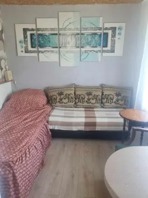 a bedroom with a bed and paintings on the wall at Svečiu Namai in Pagiriai
