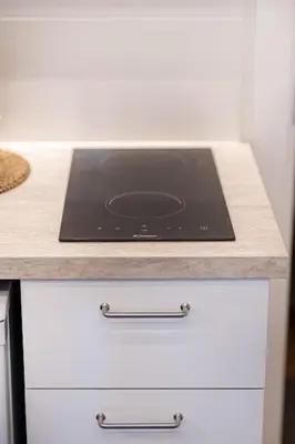 a stove top oven sitting on top of a counter at Cozy studio in the city center in Vilnius