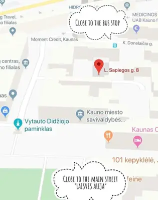 a map of a bus stop with a red marker at Tiny center G studio in Kaunas