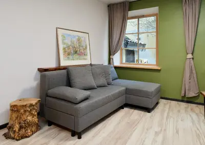 a living room with a couch and a chair and a window at Town Hall Apart in Vilnius