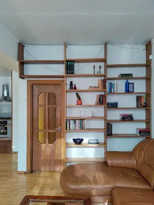 a living room with a couch and a book shelf at Spacious apartment near old town in Vilnius