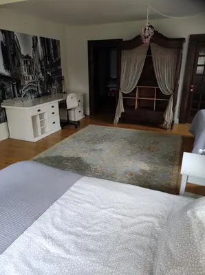 a bedroom with a bed and a dresser and a window at Forest apartment in the loop of the river Neris in Verkšonys