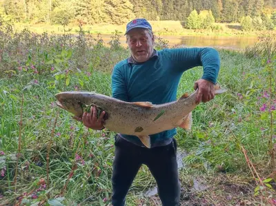 a man holding a large fish in a field at Forest apartment in the loop of the river Neris in Verkšonys